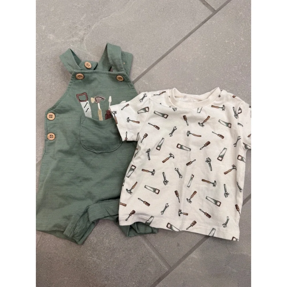 Pekkle Baby Boys Tool Print T-Shirt and Sage Green Overalls Set 3M 1750239
